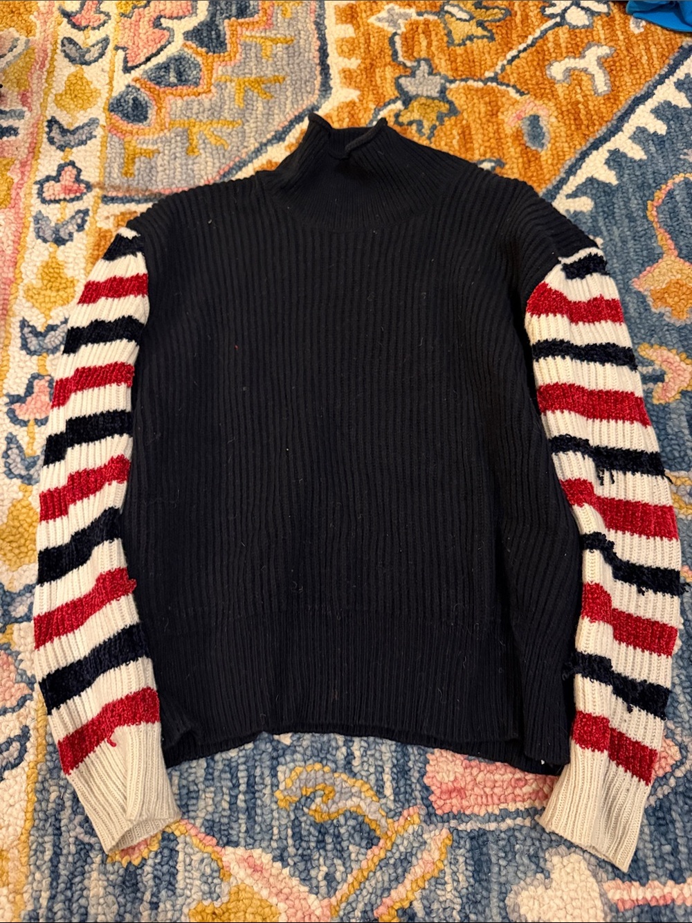 GUC Rosie Assoulin Navy Ribbed Sweater with Striped Sleeves SZ L Made in Italy